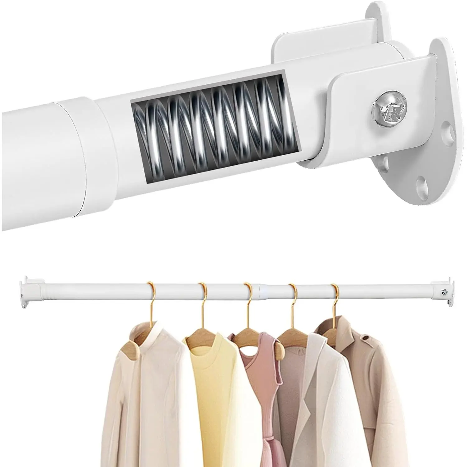 17-39 Inches Stepless Spring Adjustable Heavy Duty White Closet Rod With U-shaped Bracket For Hanging Clothes, Fits Wardrobe Laundry Room Bathroom Windows