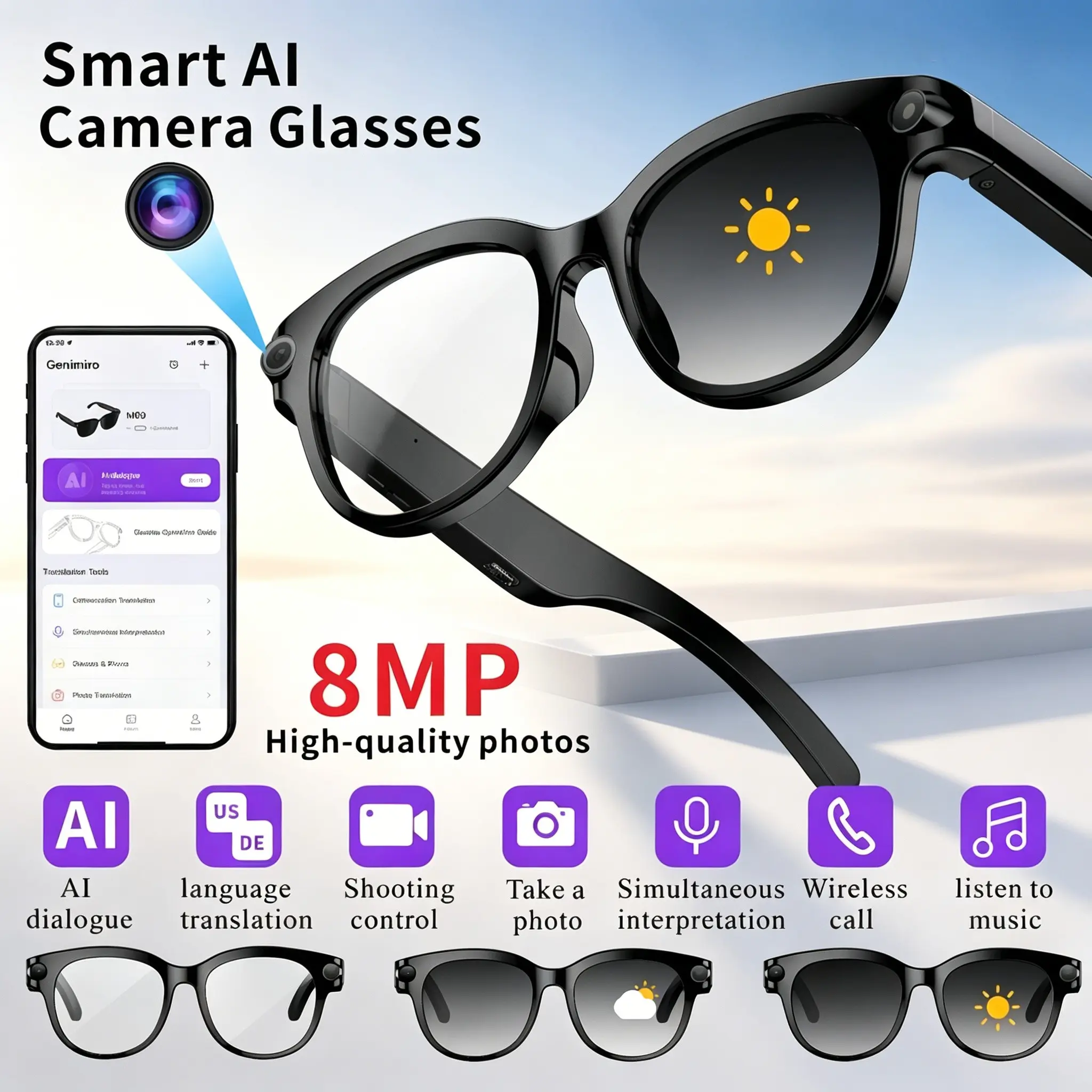 SENBONO color changing glasses, Wearable smart glasses, the lens color will darken under ultraviolet light, with 8-megapixel HD camera and EIS AI smart glasses, stable video/photo shooting, voice control, and ear opening music