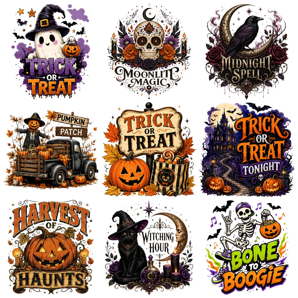 9 Pcs Halloween Designs Iron on Transfers for Clothing T-Shirt Jeans Applications iron on decals Hoodie DIY Crafts for clothing, T-shirts, jeans, backpacks, hats, pillows. Transfers Sticker On Clothes Easy to heat press decals