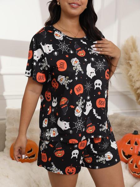【Plus Size】Halloween Skull Ghost and Pumpkin Print Tee & Elastic Waist Shorts Pyjama Two-piece Set, Casual Comfy Round Neck Short Sleeve T-shirt & Shorts Pj Set, Women's Sleepwear for Fall