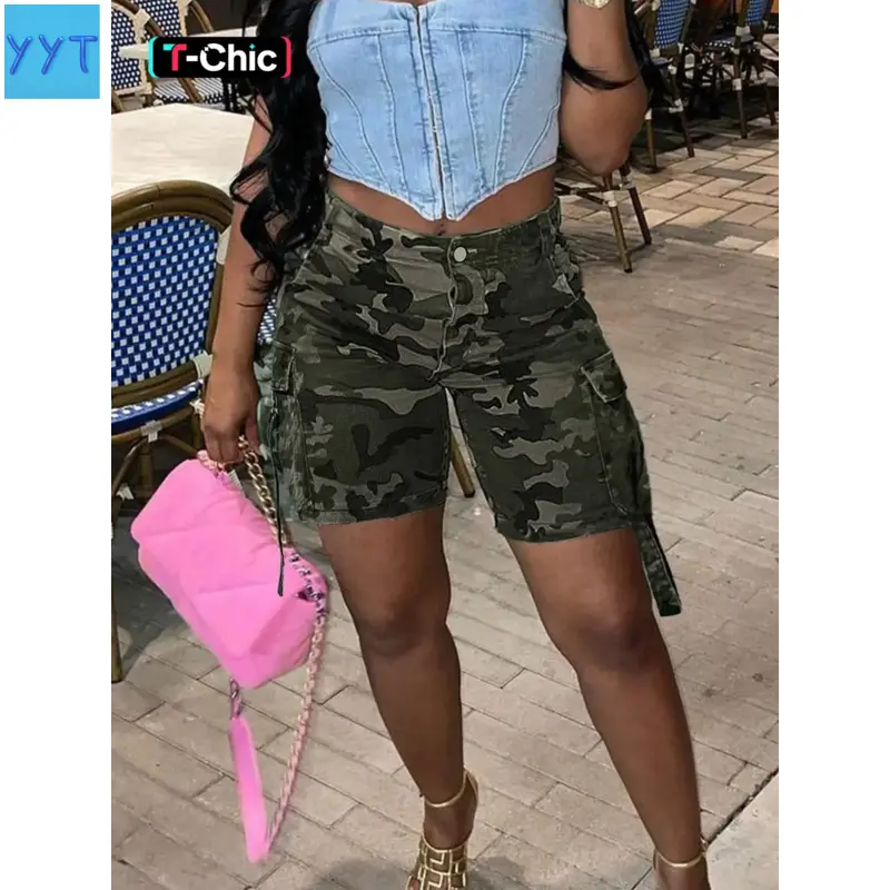 YYT1 Women's Camo Pocket Fashion Casual Jeans Shorts, Casual Fashionable Shorts, Fitted Design, Trendy Mid-Thigh Pants with Button Fly Zipper Closure, Camouflage, Womenswear