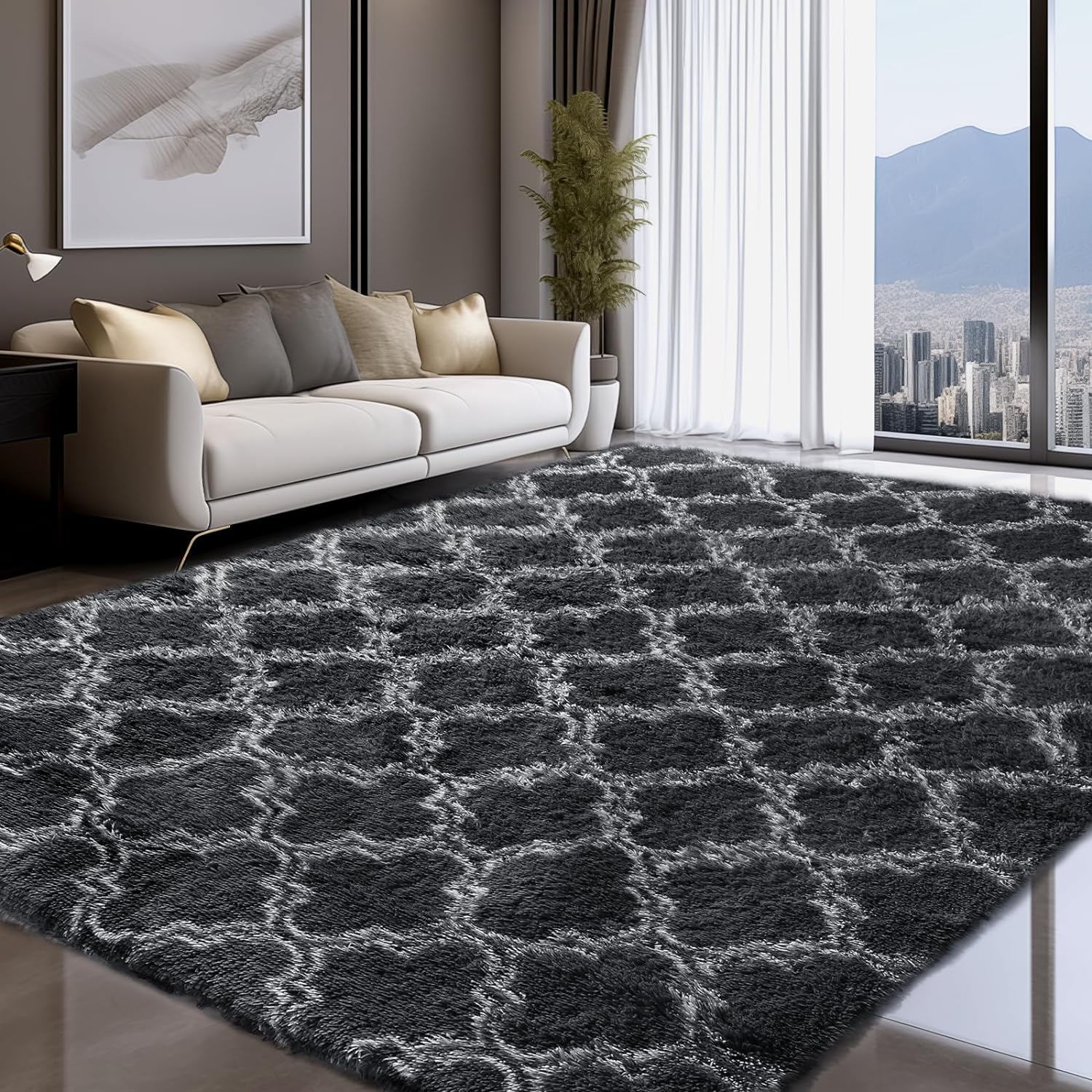 FAMVAL Large Size Plush Rugs Big Fluffy Area Rug Non-slip Soft Shaggy Carpet Mats for Livingroom Bedroom Nursery Home Decor Gray Lantern Christmas gifts