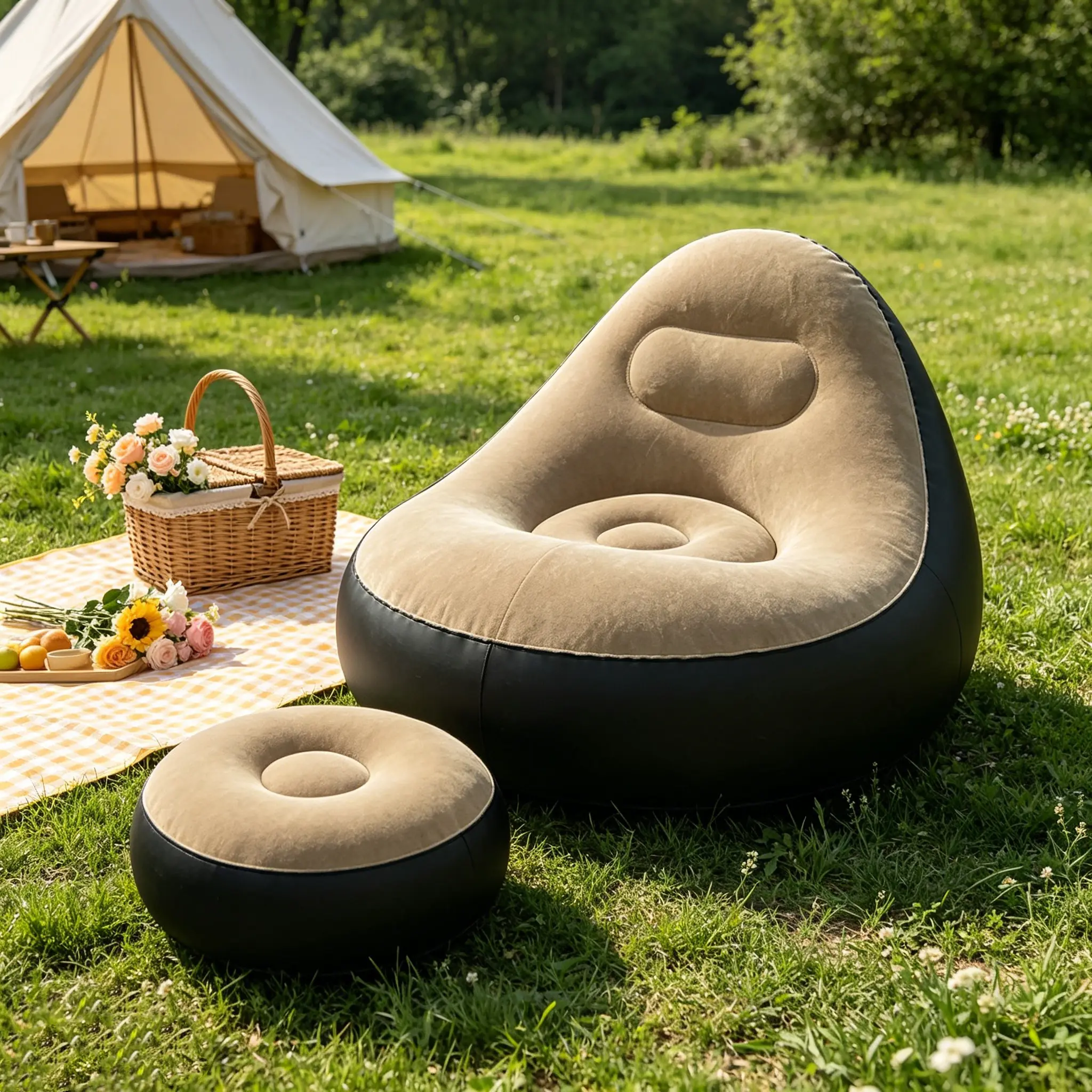 Portable Folding Camping Sofa Chair Set, Includes Air Pump, Velvet Fabric, Indoor Outdoor Relaxation, Gaming, Travel, Camping, Unisex Modern Sofa, Folding Floor Couch, Boneless Sofa, Foldable Portable Couch