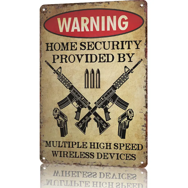 Vintage Aluminum Home Security Sign, 8x12 In Waterproof Rust-Free Metal Plaque with Crossed Rifles Pistols Ammunition Warning, Wireless Security Decor, Funky Room Wall Art Gift