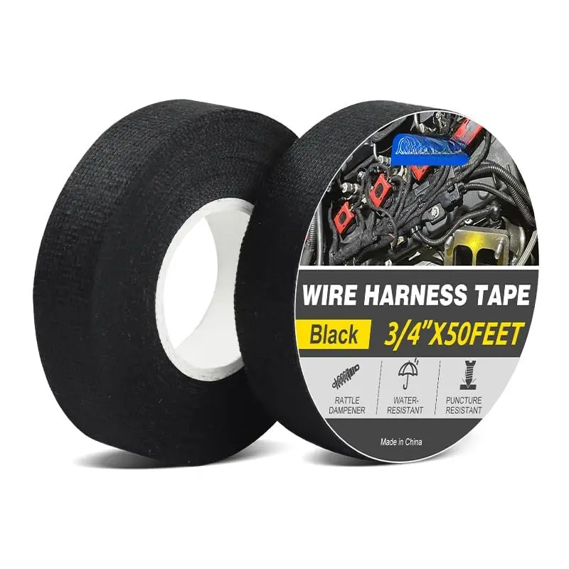 2 Rolls Wire Harness Tape,Self-Adhesive Black Cloth Tape, High Temp Resistant Fabric Electrical Tape for Automotive Wiring, Engine Loom Wrap &  Protection