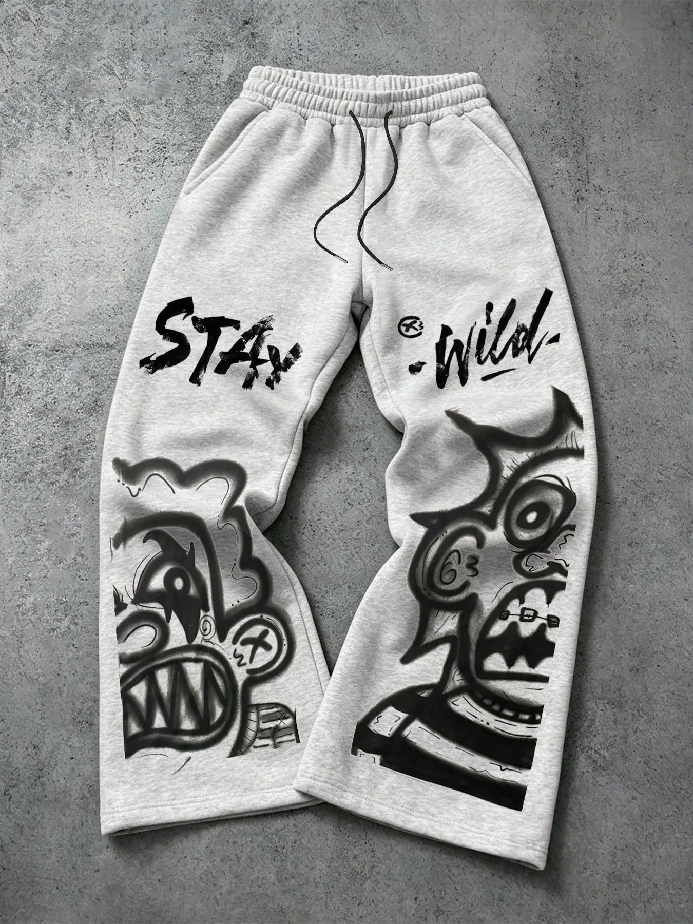 American Hip-Hop Cartoon Graffiti Wide-Leg Sweatpants, Monster Print, Loose Fit, Soft Cotton, Drawstring, Streetwear, Skateboarding, Outdoor Activities