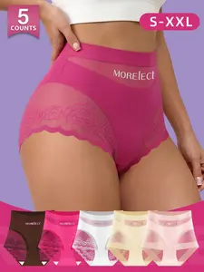 [5-Pack] Mesh Patchwork Mid-Waist Women's Underwear, S-XXL,Soft Breathable No Sweat, Comfortable Butt-Lifting Triangle Panties, Multiple Colors Available