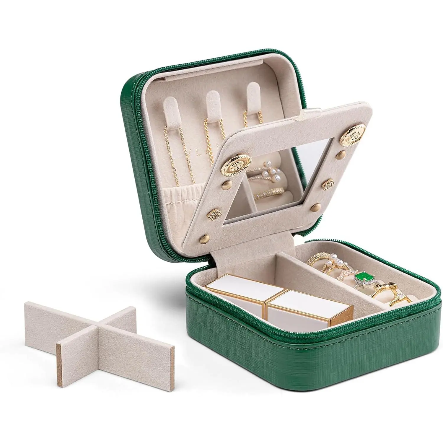 Compact Dark Green Faux Leather Small Travel Jewelry Organizer Box - Mirror Lid, Modern Storage Case for Necklaces, Rings, Earrings, Valentine’s Day Gift