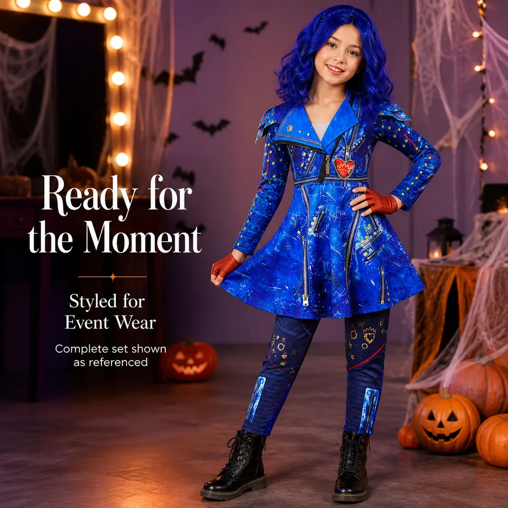 Girls' Blue Descendants 2-Piece Cosplay Costume, Long-Sleeve Dress With Matching Pants For Halloween