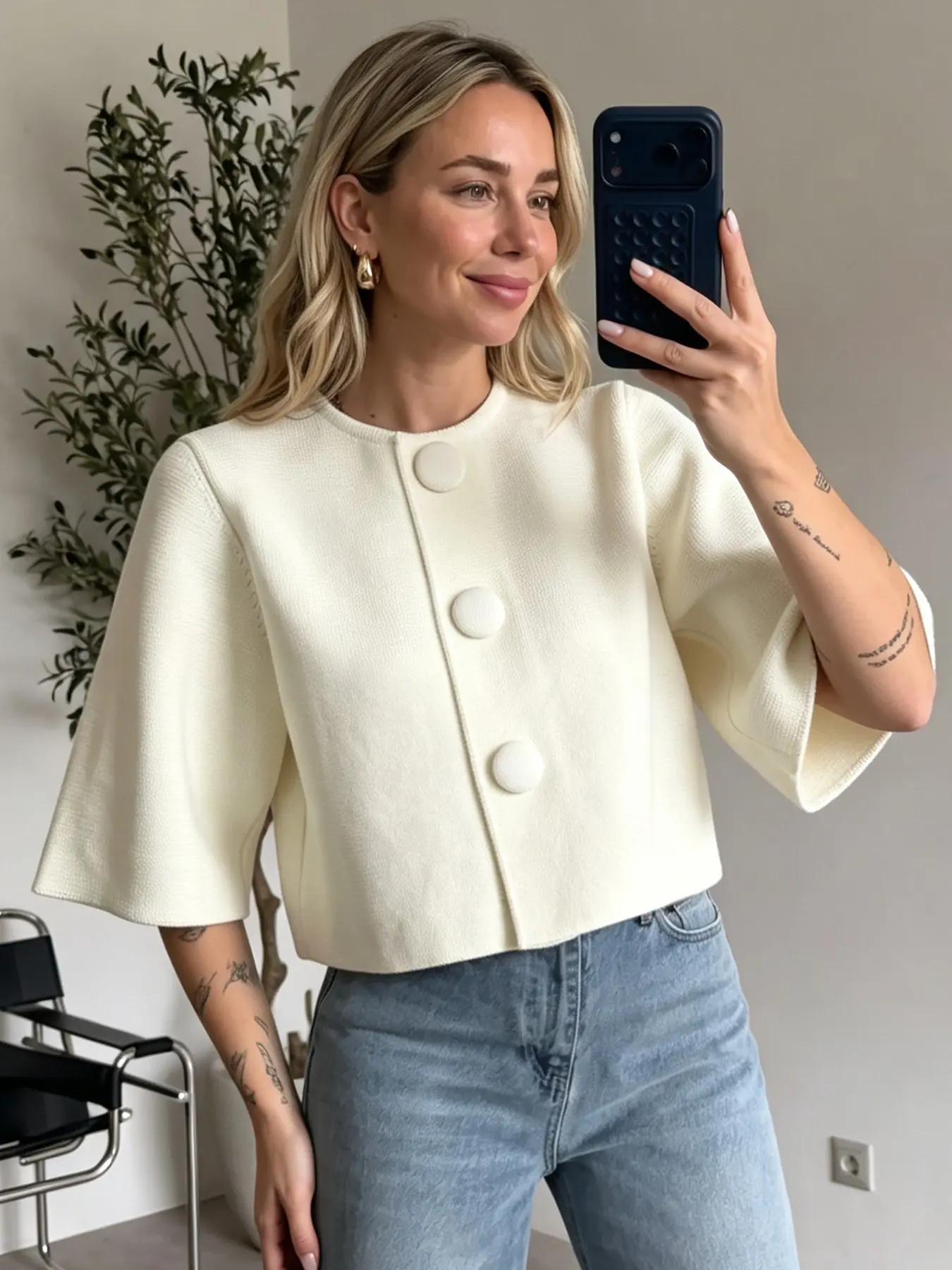 Casual Knit Bolero Cardigan Woman Spring Summer 2026 Elegant Cream Big Button Sweaters Cropped Round Neck Soft Textured Short -Sleeve Tops For Woman Great For OOTD Reels & Weekend Gatherings Cardigan