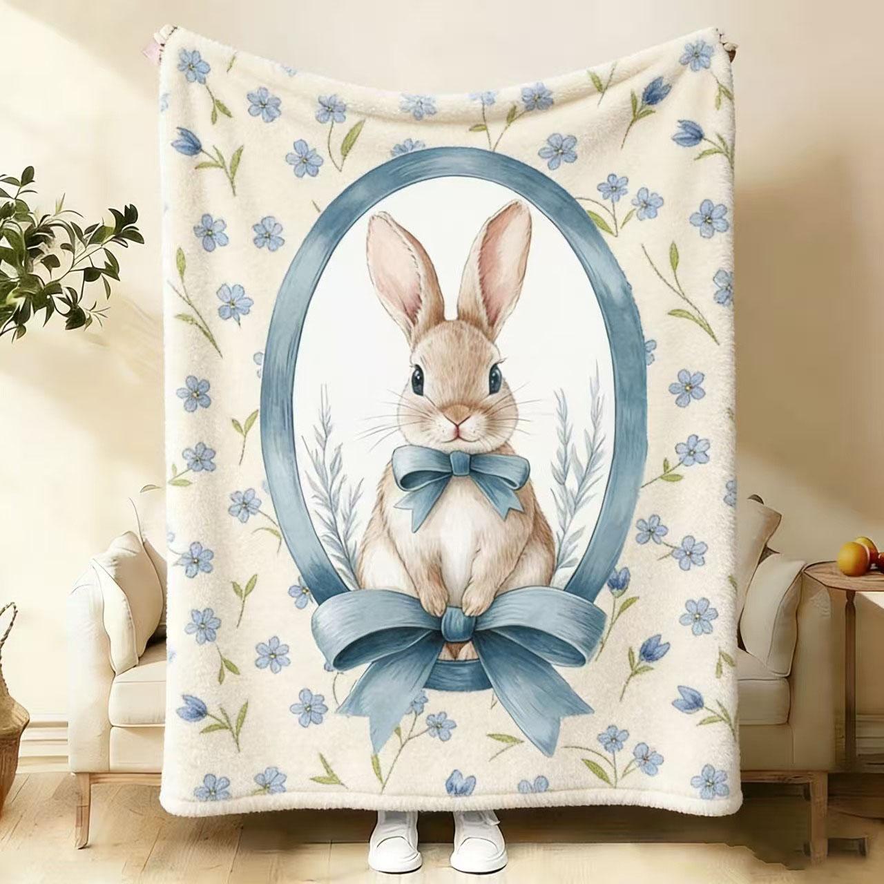 Cute Easter Bunny Fleece Blanket, Watercolor Blue Floral Rabbit Throw Blanket, Soft Cozy Flannel Blanket for Couch Bed, Aesthetic Spring Easter Decor, Warm Plush Blanket for All Season, Perfect Easter Gift for Women Girls, Cute Rabbit Home Decor Blanket