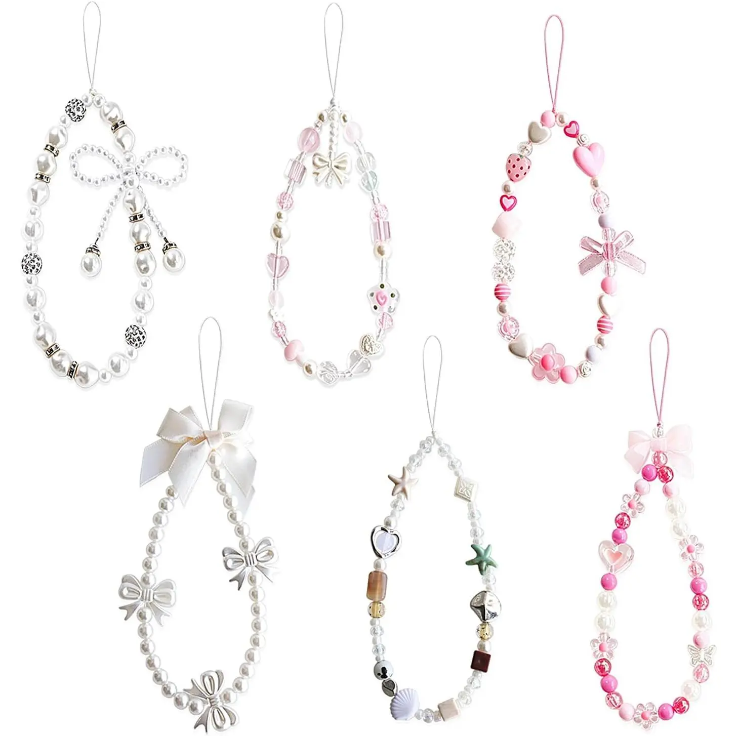 6 count Phone , Camera Wrist Strap Cute Bag Chams  Wristlet | White   Beaded Flower Butterfly Bow Bracelet Lanyard Flower Cell Phone Charms For Decor Accessories Women Gifts