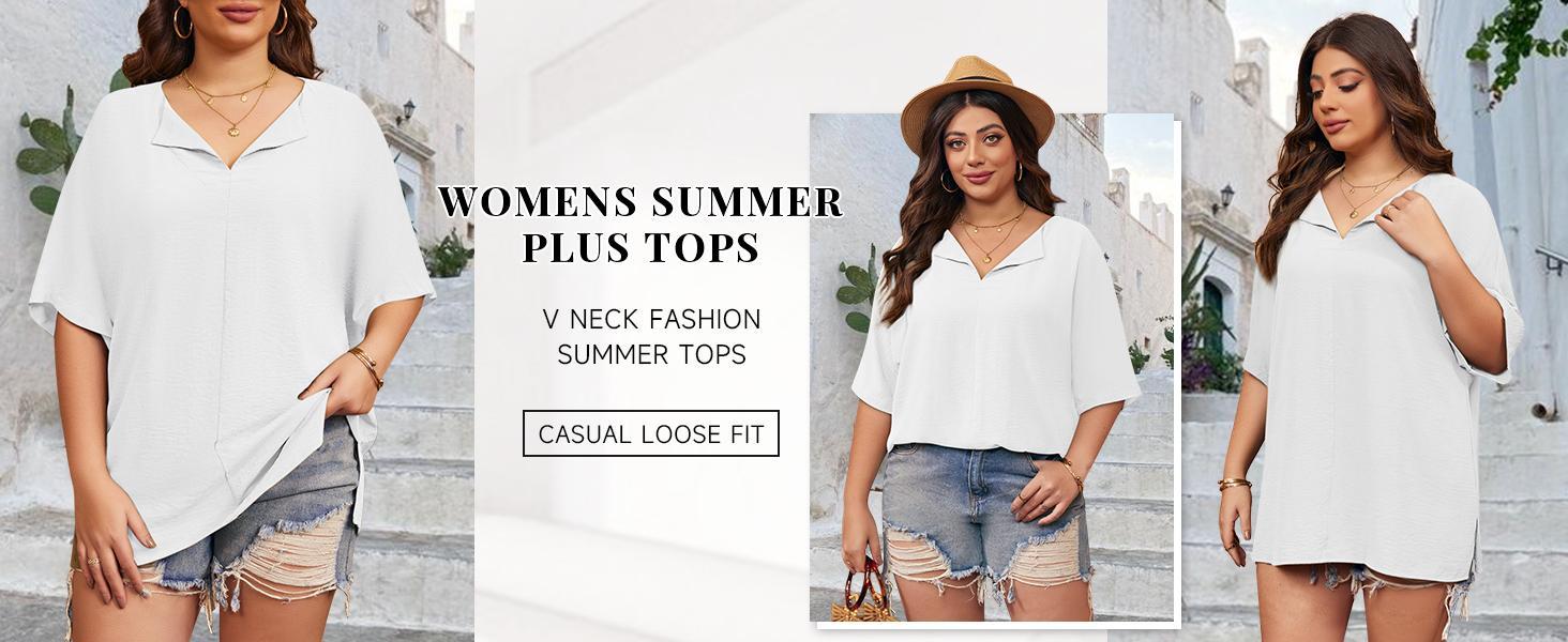 Imily Bela Womens Plus Size Tops Short Sleeve V Neck Tee Blouse Summer Loose Fit Casual Tunic Top XL-5XL