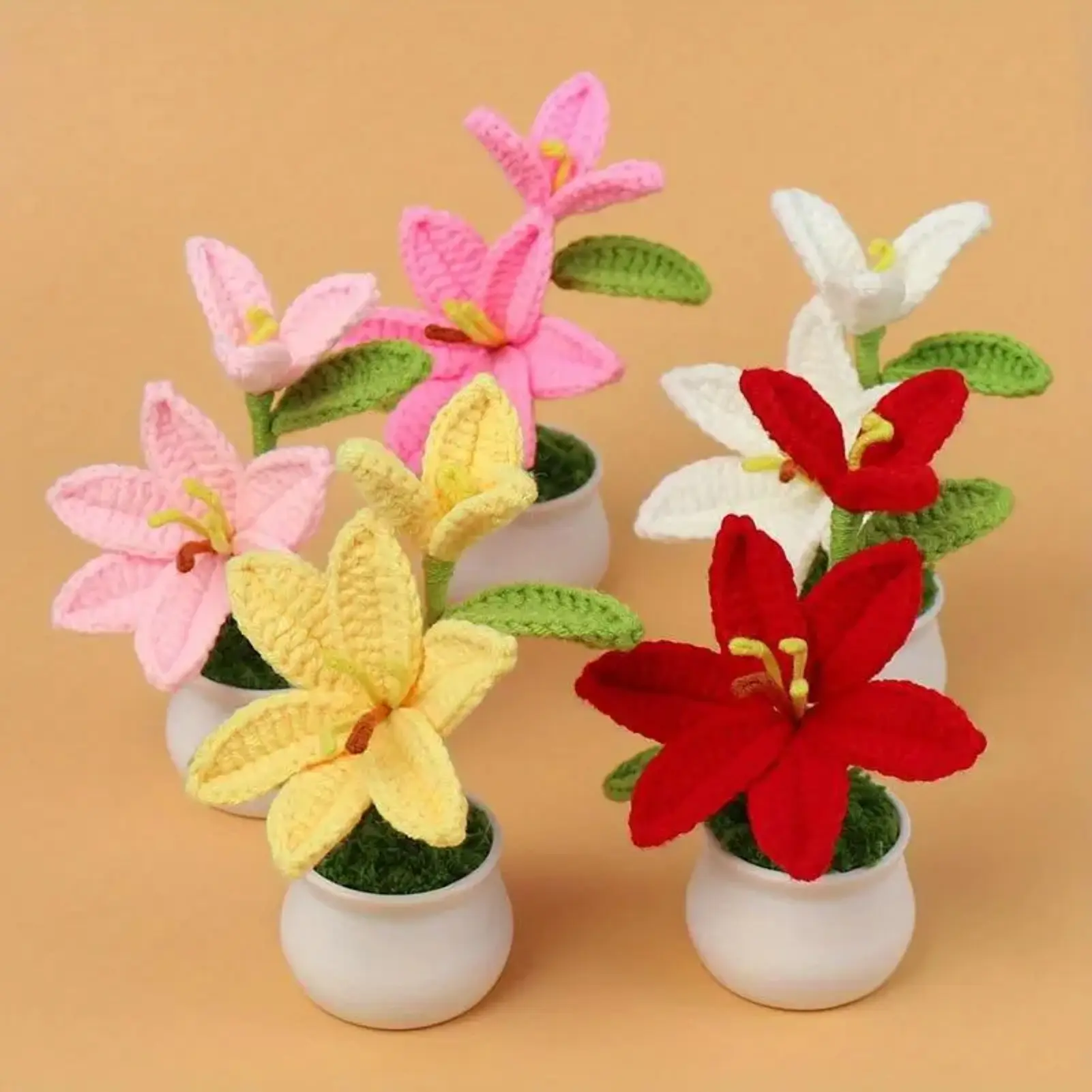 Lily Flower Decorative Plant, Mini Artificial Crochet Flower Plant with Pot, Knitted Artificial Flowers, Desktop Ornament for Home Office Living Room, Artificial Plants, Decorative Faux Flower, Faux Flower Decorations