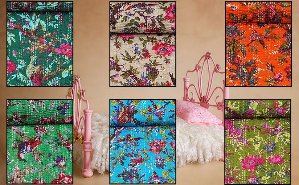 Indian Stitched Pure Cotton Bohemian Bird Print Kantha (Navy, Twin (60"x 90"))