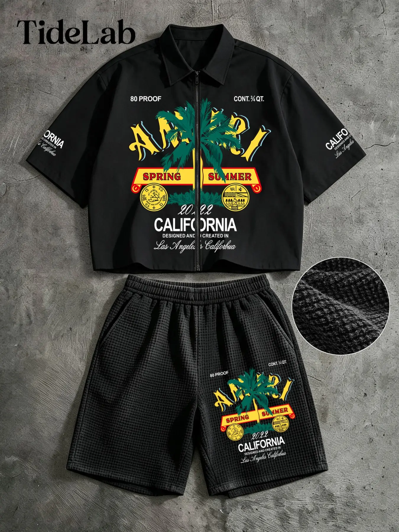2-Piece Unisex Streetwear Set, Palm Tree California Graphic Collar Top + Breathable Waffle Loose Shorts, Casual Vacation Style