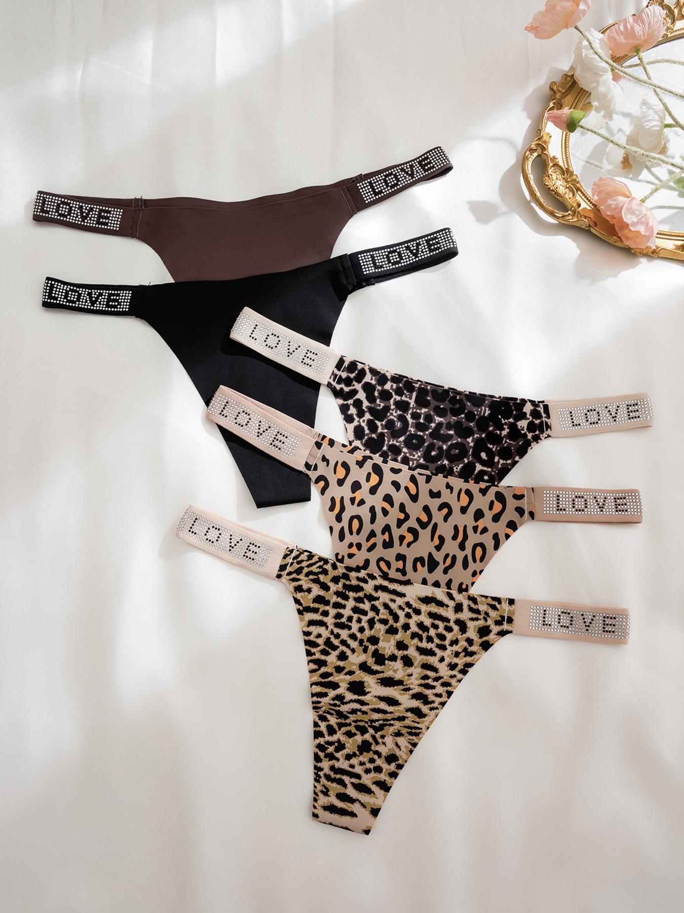 Women's Leopard & Letter Print Rhinestone Decor Casual Thong, Soft Comfy Breathable Stretchy Drop Waist Panty for Daily Wear, Underwear for All Seasons, Summer Outfits 2024 Women's Leopard & Letter Print Rhinestone Decor Casual Thong, Soft Comfy Breathable Stretchy Drop Waist Panty for Daily Wear, Underwear for All Seasons, Summer Outfits 2024