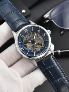 Men's Automatic Mechanical Watch, Blue Leather Strap, Roman Numerals, Business Style, Waterproof, Night Light, Luxury, Gift Idea