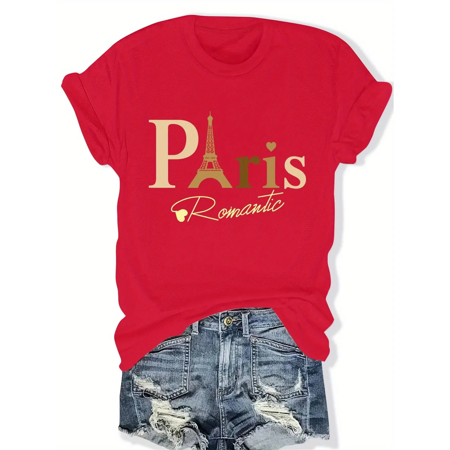 Fashionable Round-Neck T-Shirt with Printed Patterns, Labeled As Women'S Clothing.