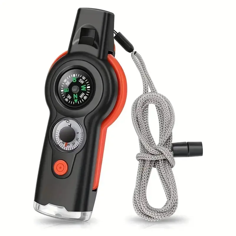 Outdoor 7-In-1 Multi-Function Emergency Whistle with LED Light, Thermometer, Compass for Kayaking, Boating, Hiking, Camping, Fishing