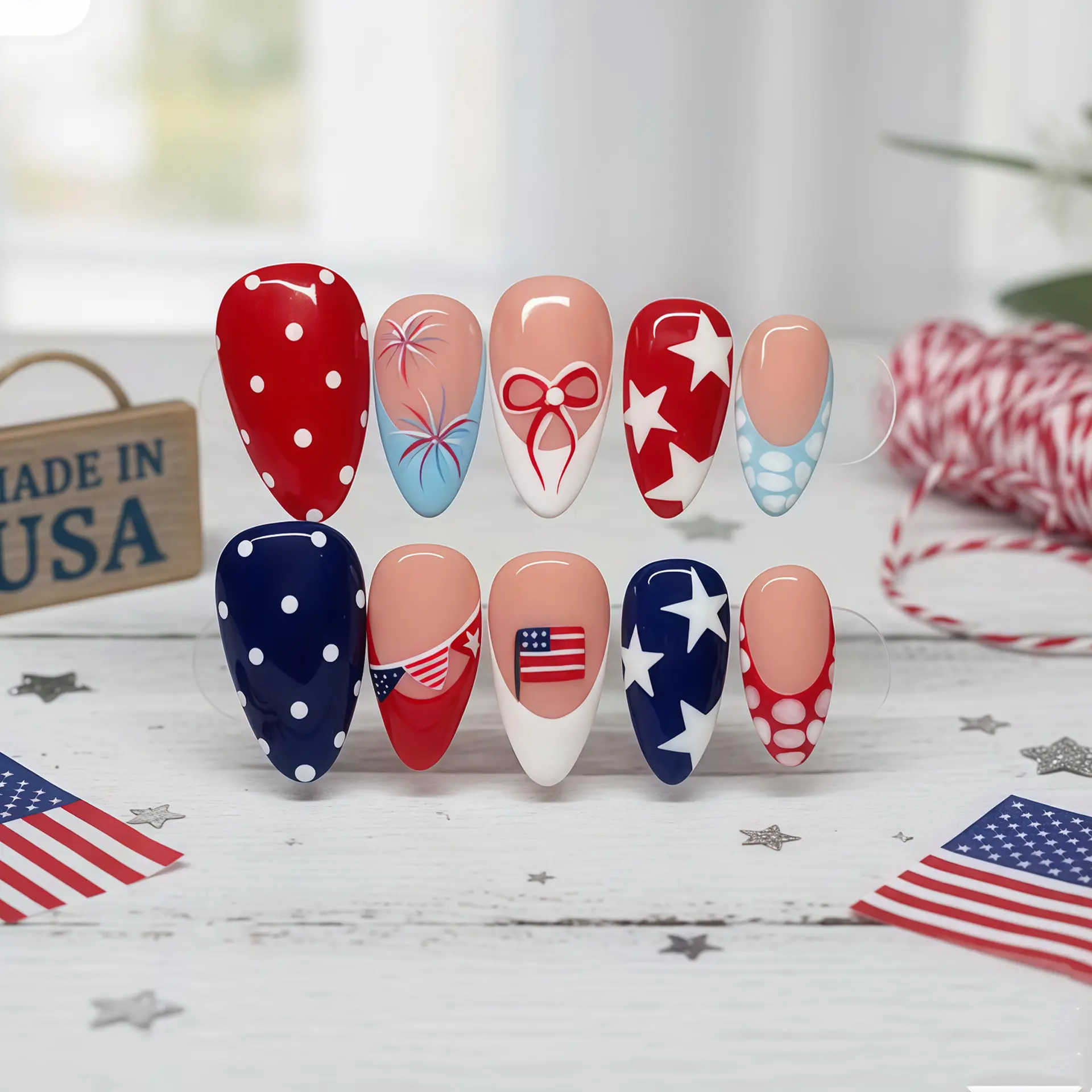 4th of July Press On Decorative Nails Red White Blue Star Firework Nails, Patriotic Summer Nail Set, Nail Design Press On Sets