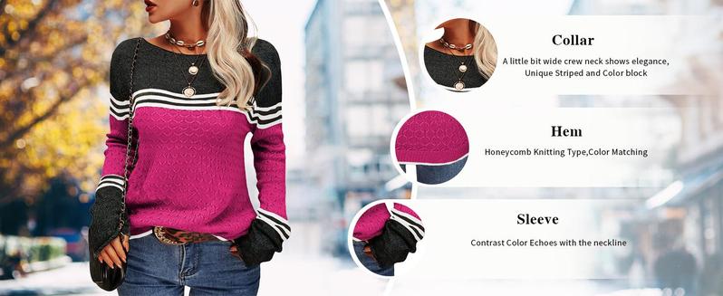 PASLTER Women Autumn Winter Colorblock Pullover Sweaters Round Neck Striped Slim Fitting Knitwear Tops Crewneck Womenswear