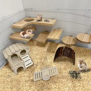 Wooden Cage Hanging Platform Set, 7 Pieces Including L-Shaped, Round, Rectangular Platforms, Ideal for Small Animals Like Squirrels and Hamsters