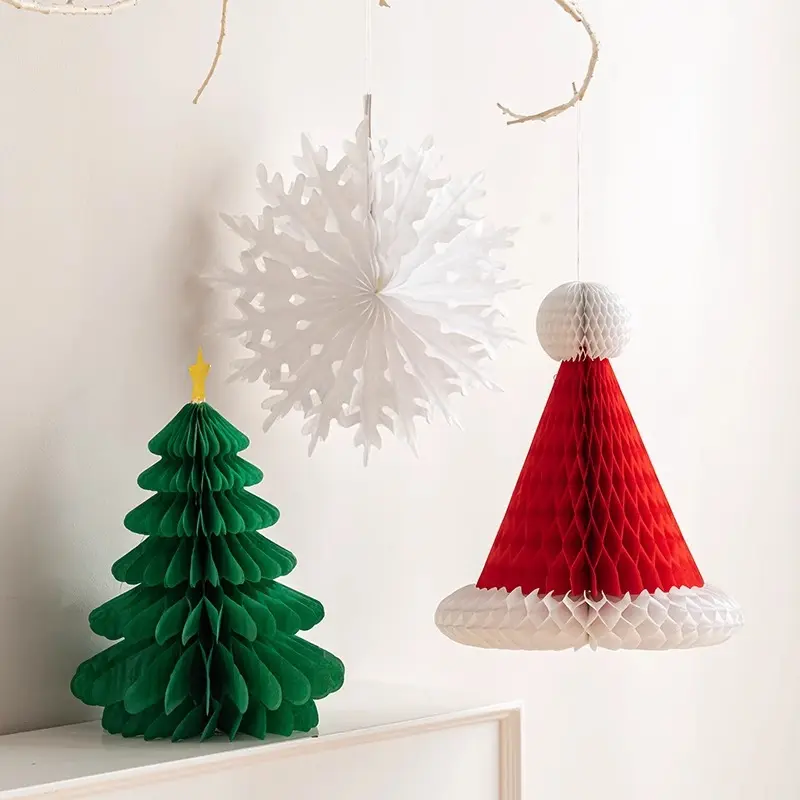3 PCS Foldable Paper Christmas Tabletop Ornaments, Honeycomb Mini Christmas Tree, Santa Hat Snowflake Hanging Decor, Indoor Xmas Desktop & Window Display Props
