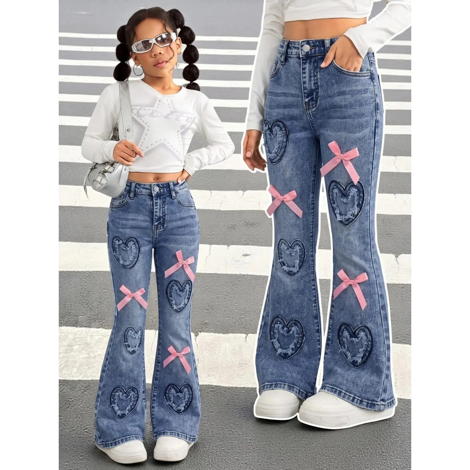 Girls Vintage Star Embroidery High Waist Fit Wide Leg Jeans 130-160cm, Retro Khaki Mud Wash Denim Pants with Pink Bow, Contrast Stitching Baggy Trousers for Kids & Teens, Y2K Streetwear