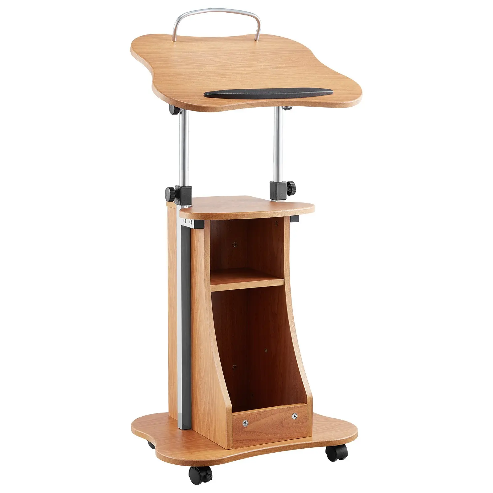 VEVOR Portable 43-Inch Wooden Podium Stand - Adjustable Height & Angle Indoor Furniture, Lockable Wheels, Wide Reading Surface, Open Storage, Laptop Desk for Speeches, Lectures