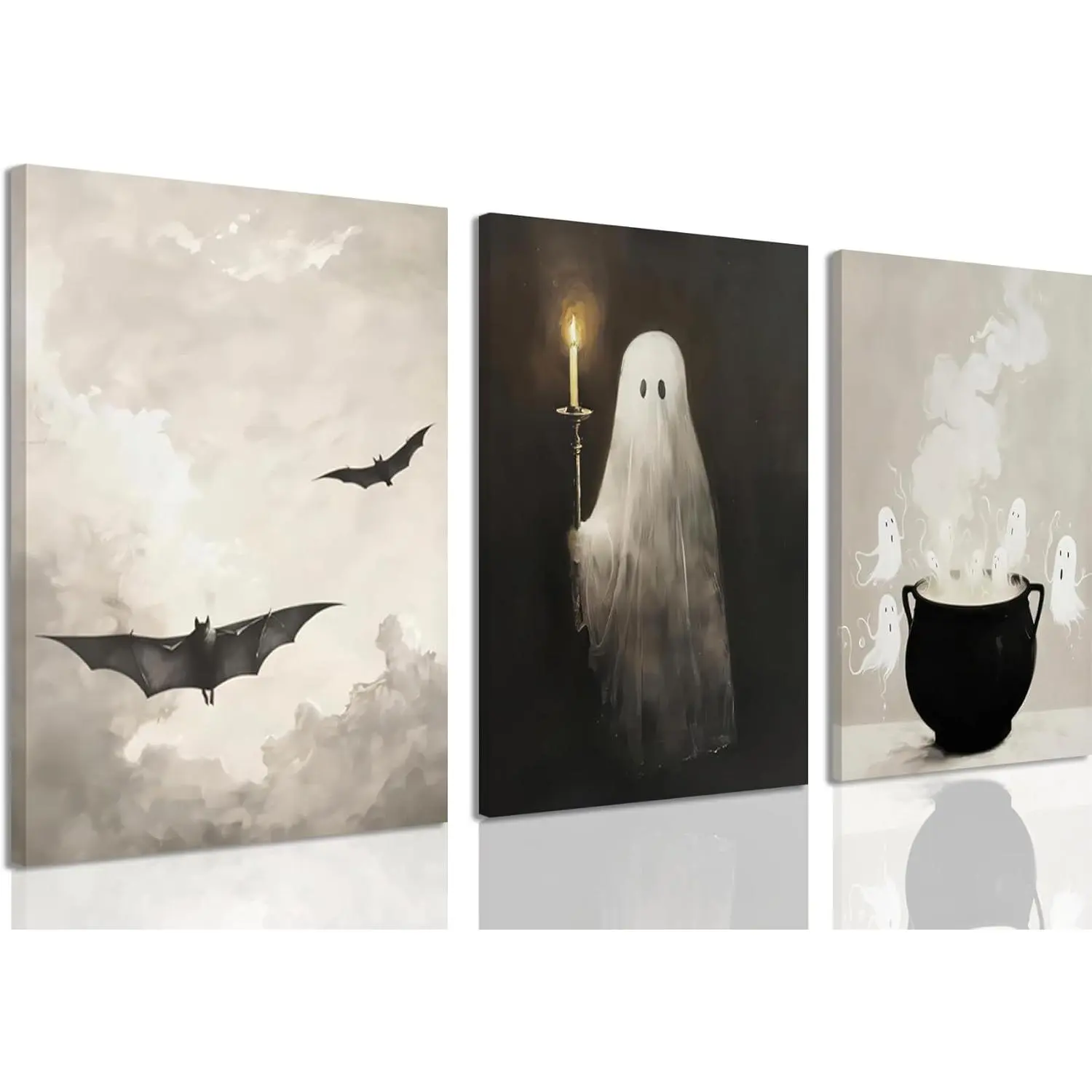Vintage Halloween Ghost & Bat Framed Print Wall Art Set of 3, 24x16in & 12x18in Gothic Canvas Paintings, Wall Decoration for Living Room, Bedroom Home Decor Hanging Supplies, Varied Sizes