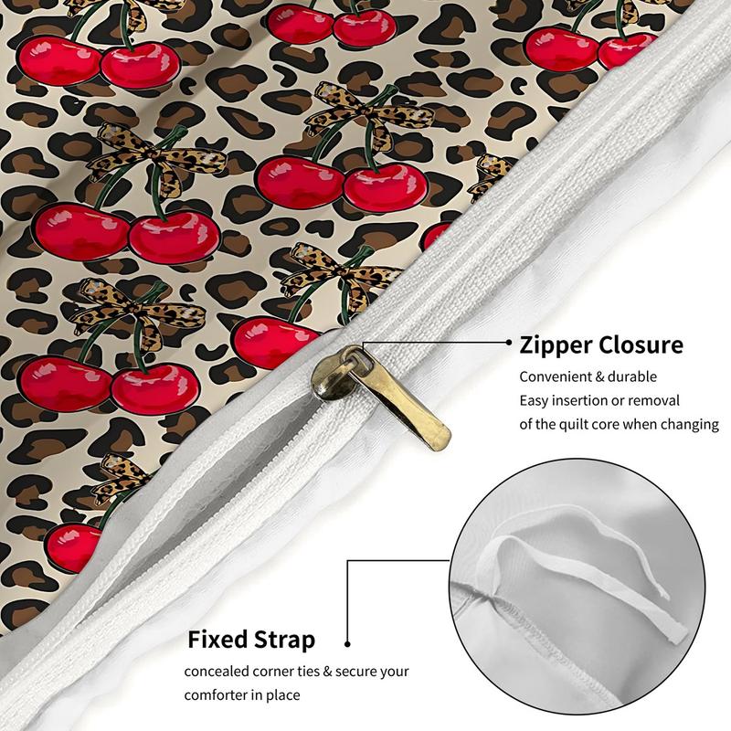 2/3Pcs Leopard Print Cherry Pattern Duvet Cover Set , Retro Sweet and Cool Girl Style Bedding Set, Wild Tension, Sweet Vitality, Full of Retro Sweet and Cool Bedroom Atmosphere, Including 1 or 2 Pillowcases - No Padding/Zipper Closure