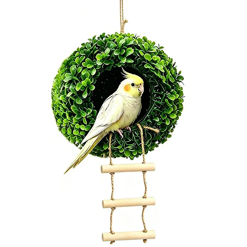 Parrot Simulation Grass Ball Hideout, Bird Condo, Outdoor Garden Yard Decoration with Ladder, Fun Stand Pole, Suitable for Small to Medium Parrots
