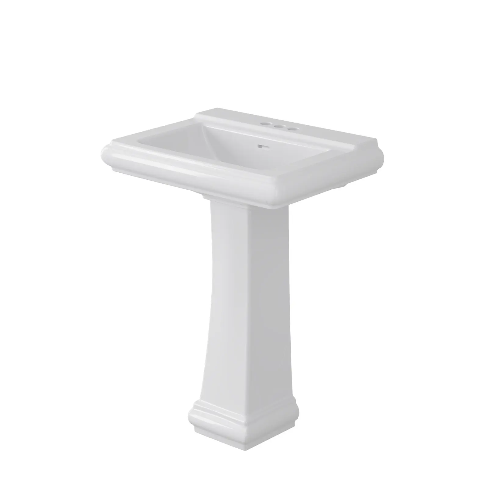 26" W x 20" D White Ceramic Rectangular Pedestal Sink, Bathroom Vanity Sink with Overflow and 3 Pre-Drilled Holes for 4-Inch Faucets, Freestanding Sink Combo for Small Spaces