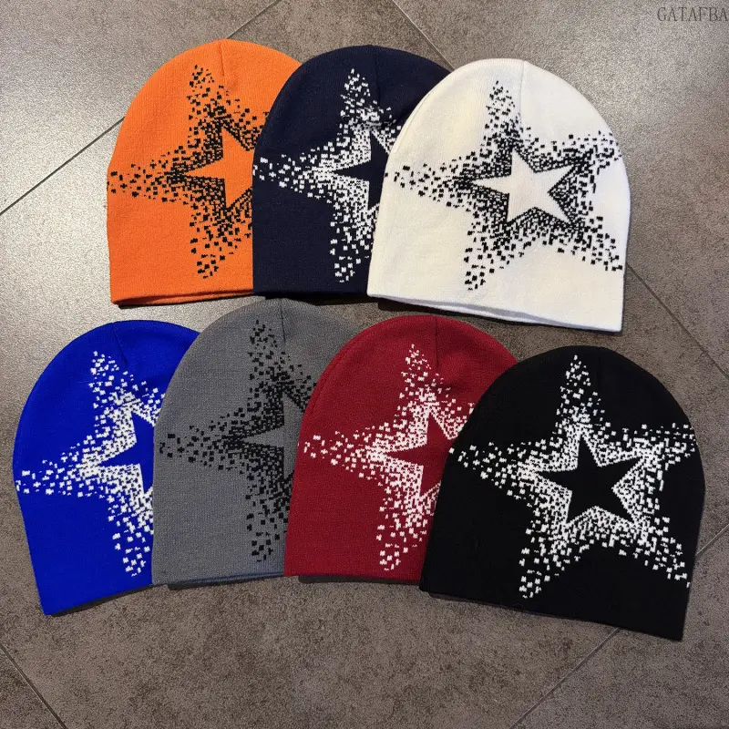 American Five-pointed Star Jacquard Knitted Hat, Warm Ear Protection Pullover Beanie Suitable for Men and Women for Autumn, Winter and Mountaineering Use