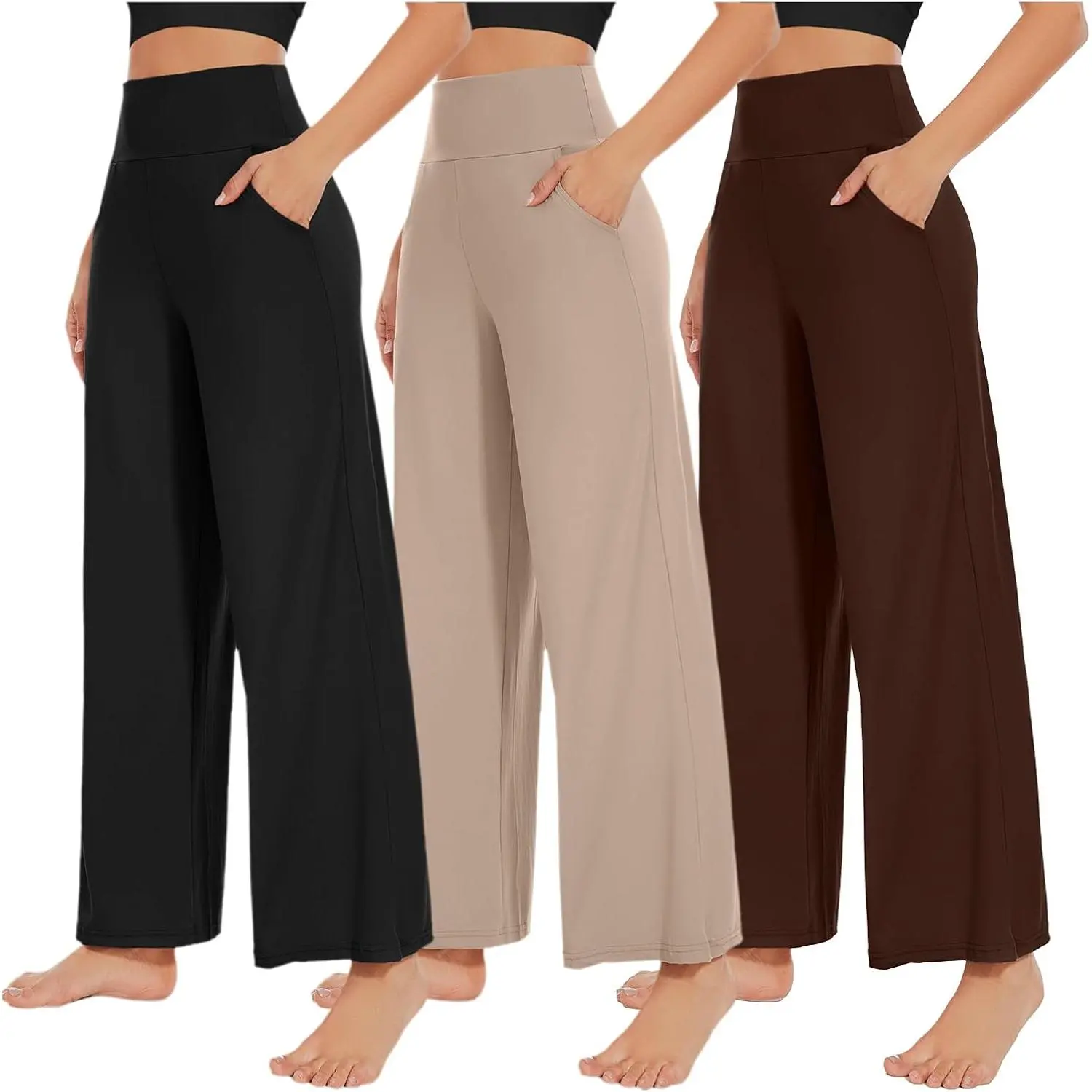 3 Pack Women's Wide Leg Yoga Pants with Pockets |   Loose Fit, Elastic Waist, Sweatpants, Open Bottom, Baggy, Casual, Stretch, Cozy, Fall, Walking, Working