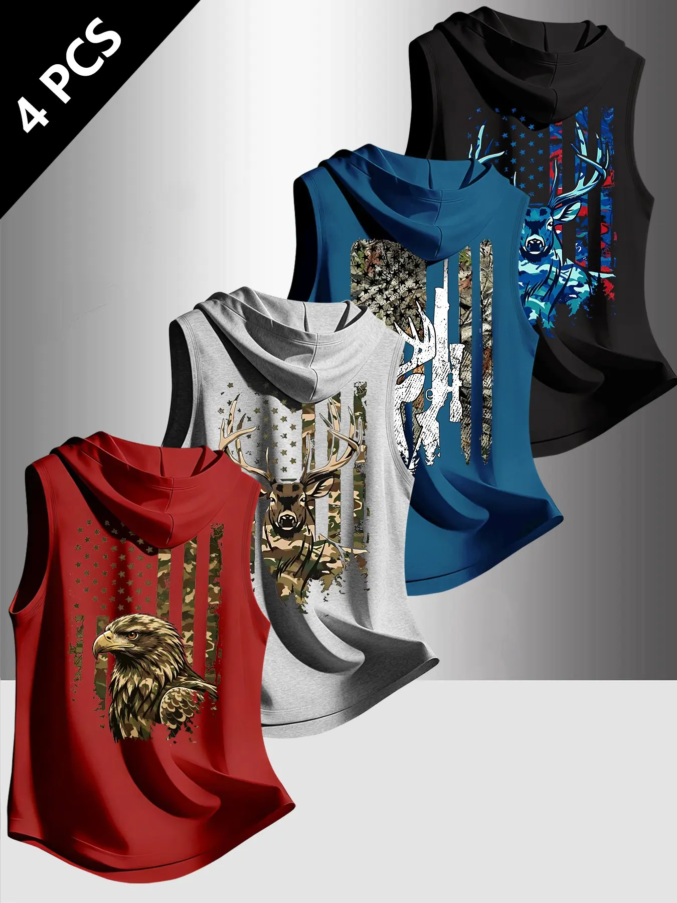 4-Pack Men's Hooded Sleeveless Sports Vest, Vintage Camo Eagle Moose Print, Outdoor Hunting Patriotic Style, Casual Streetwear for Training Camping