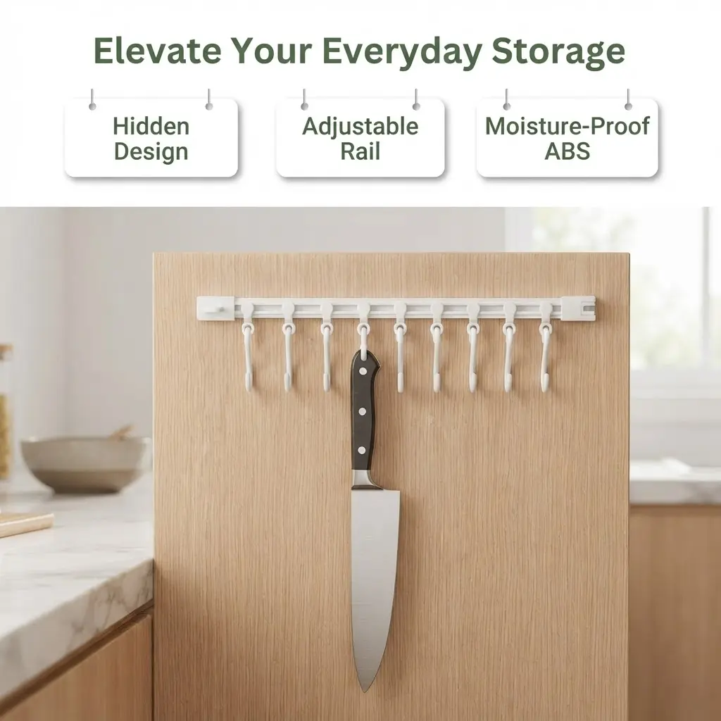 Multifunctional Slide Rail Hook Rack, Adhesive Wall‑Mount Kitchen Utensil Holder with 10 Hooks, Hanging Storage Organizer for Bathroom Bedroom Kitchen
