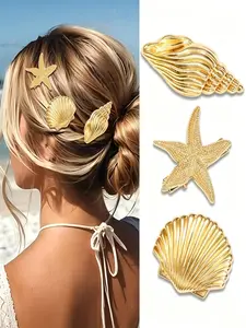 3Pcs Starfish Shell Hair Clips, Metal Mermaid Conch Crocodile Clip, Summer Beach Accessory, Wedding Party Headwear