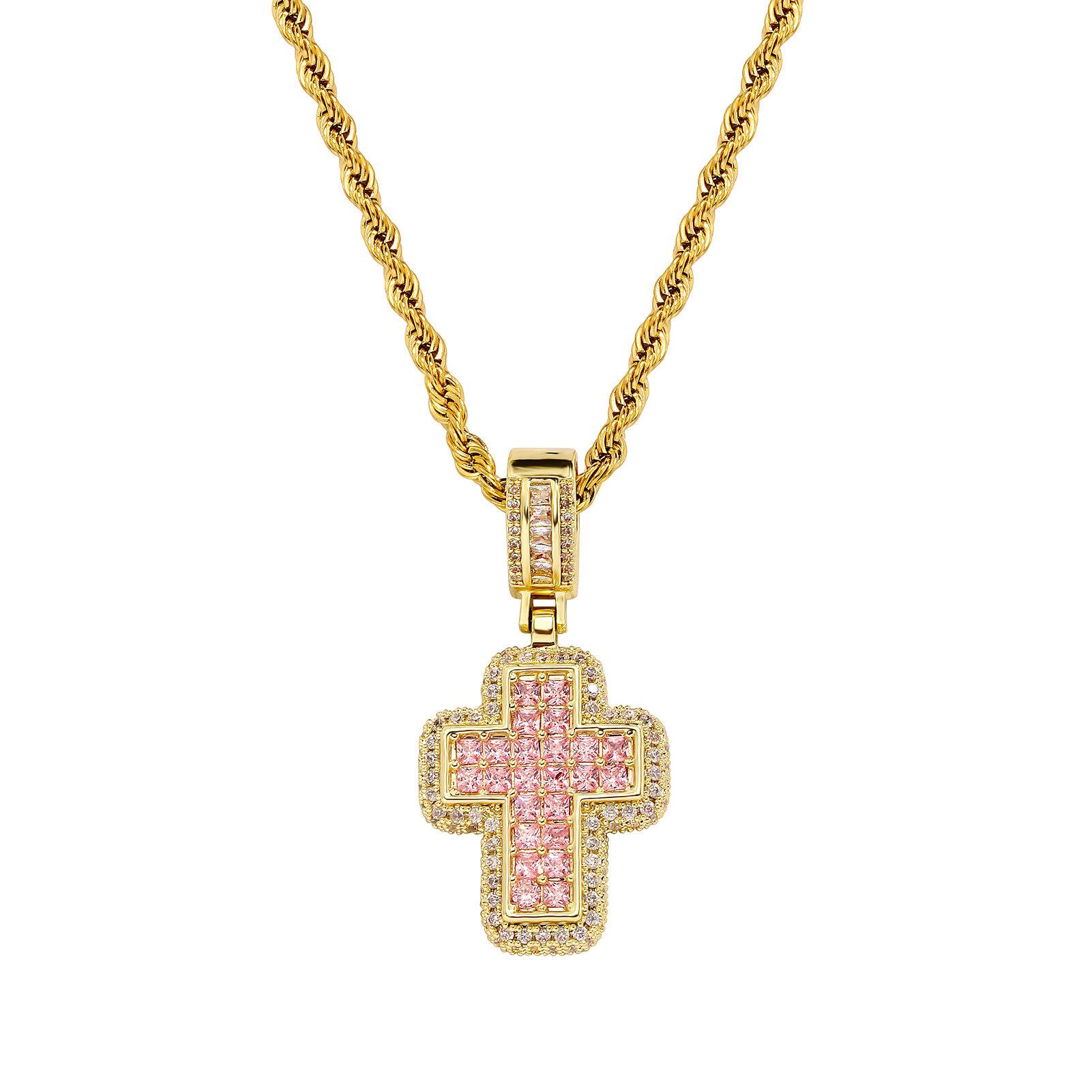 Hip-Hop Fashion T-Shaped Zircon Pink Cross Necklace, Unique European And American Street Style Accessory
