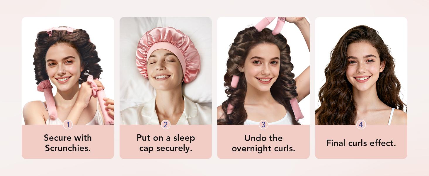 Heatless Curls Overnight, 2 Sizes of Soft Hair Rollers for Women with Bonnet to Sleep In, No Heat Hair Curlers Set with Scrunchies and Clips, for Long and Medium Hair (Pink)
