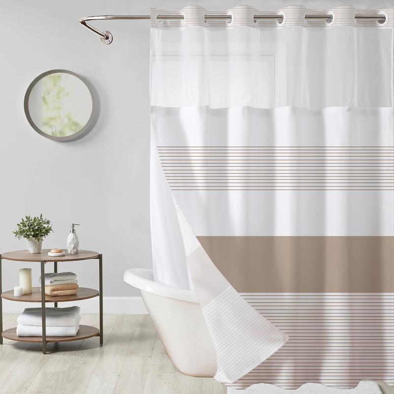 Striped geometric double-layer shower curtain, mesh top window, hook-free design, easy installation, farmhouse, hotel, modern home decoration, 72x75in