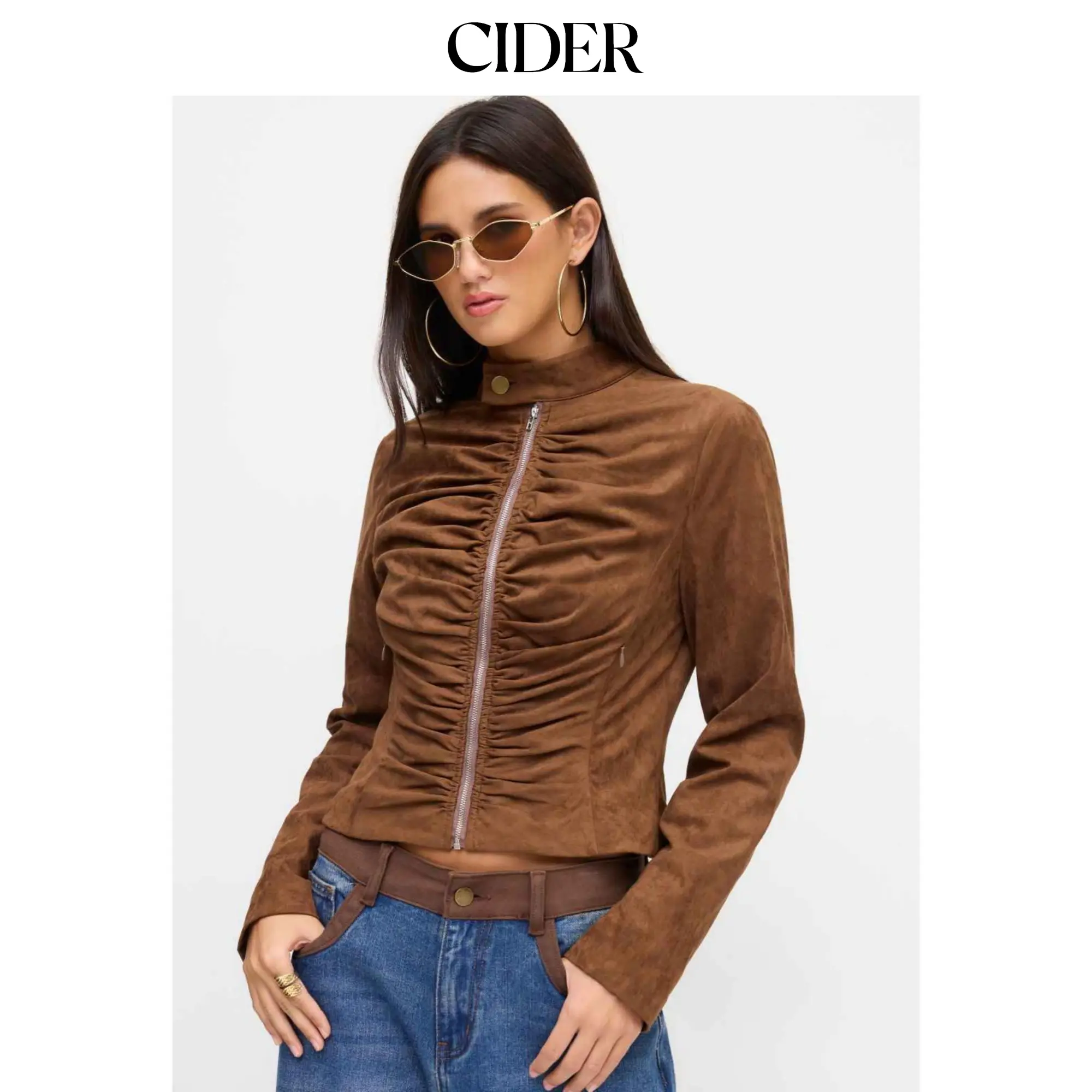 Cider Suede Mandarin Collar Metal Button Zip Through Ruched Jacket SohoChic