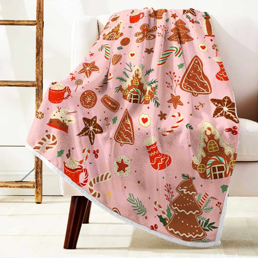Pink Christmas Gingerbread Man Throw Blanket, Winter Cute Star Snowflakes Candy Cane Throws Blankets, Xmas Soft Lightweight Holiday Blanket for Couch Sofa Bed Chair Living Rooms Decor