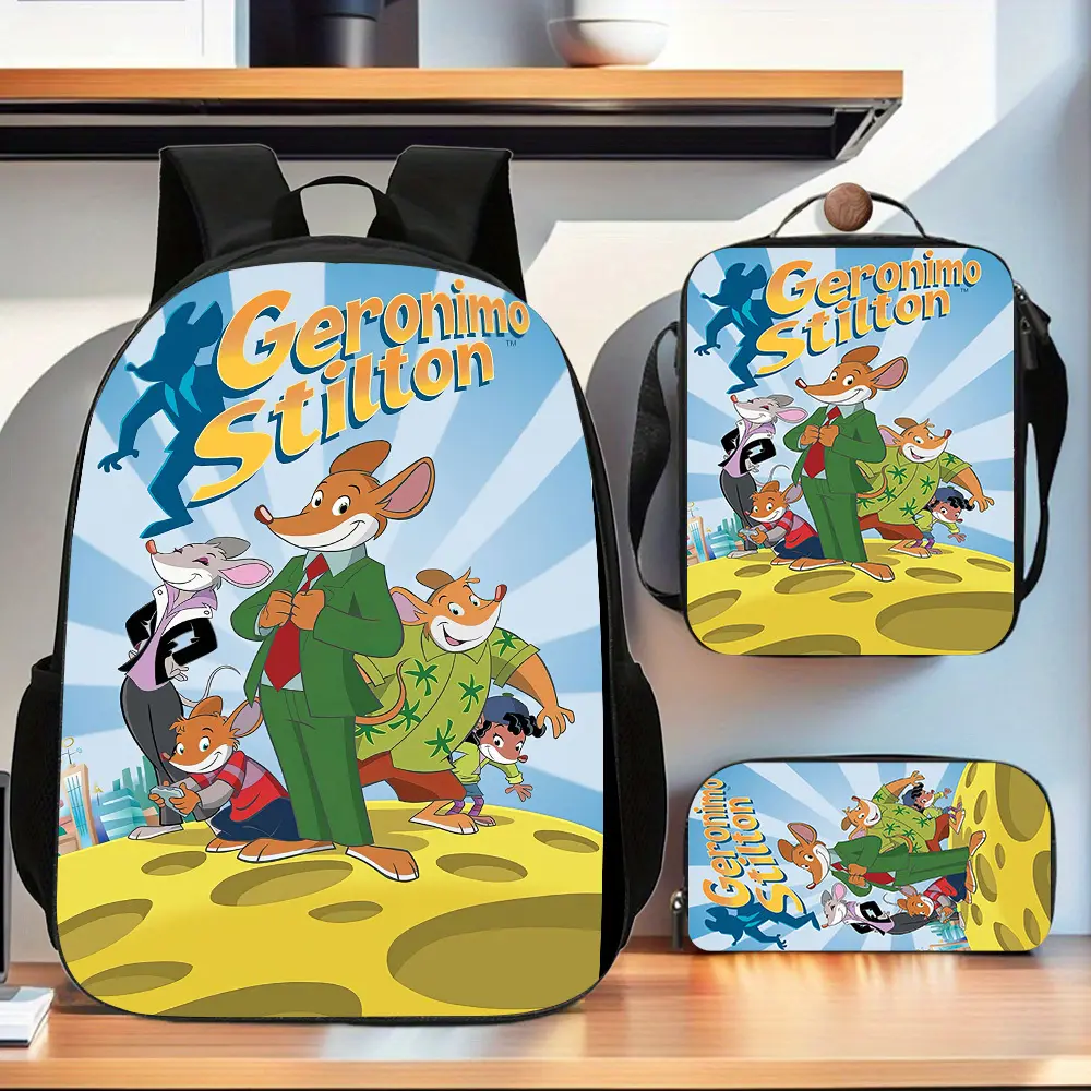 Kids' Cheese-Themed Mouse Cartoon Artwork 3-Piece School Bundle, Water-Resistant 600D Oxford Backpack with Insulated Lunch Tote & Pencil Case, Adventure Theme Cheese Block Background for Daily Commute