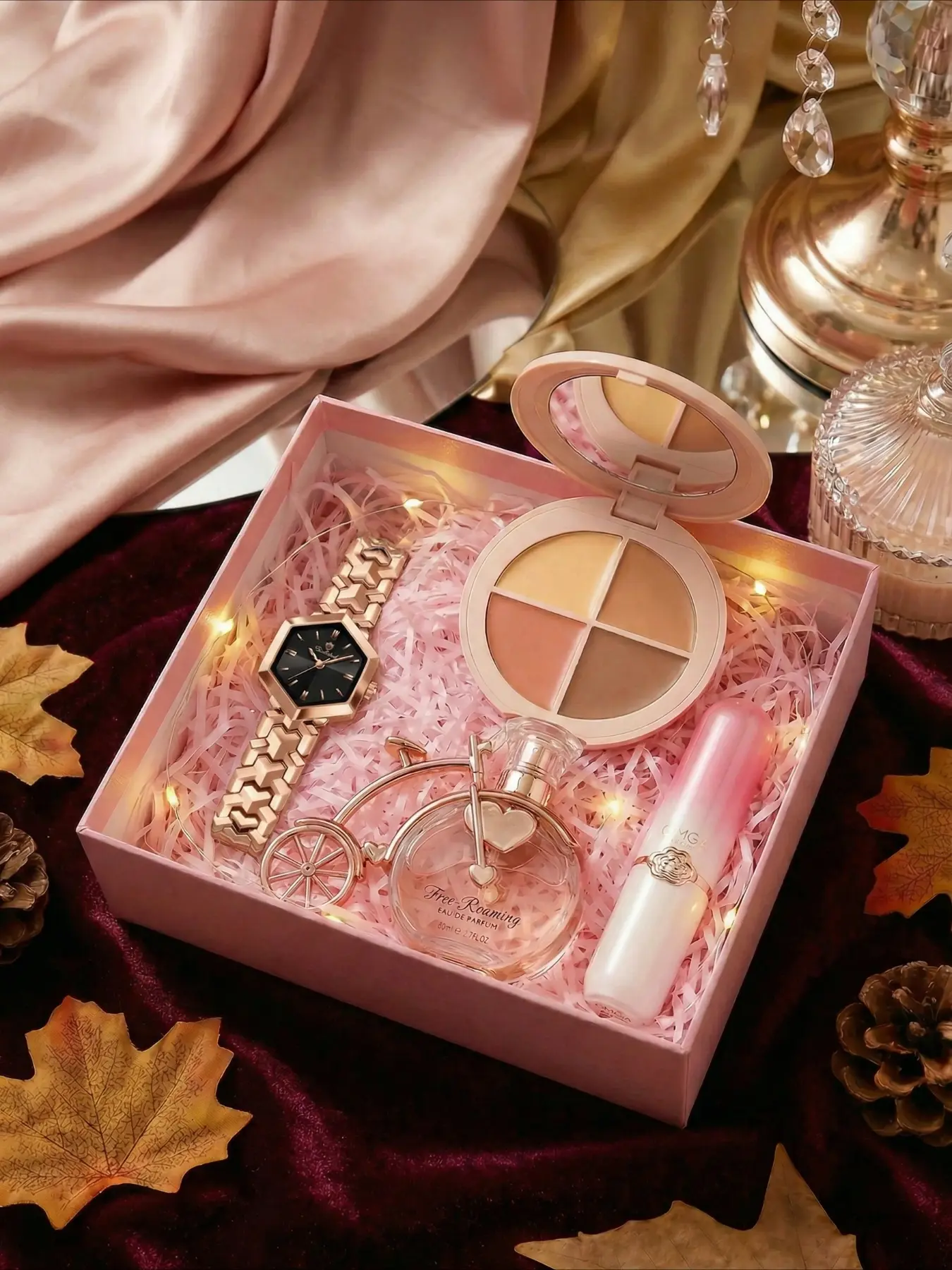 5-piece women's high beauty simple, versatile, intellectual and elegant gift giving for Mother's Day with four color concealer lipstick rose gold bicycle perfume light band combination quartz watch set