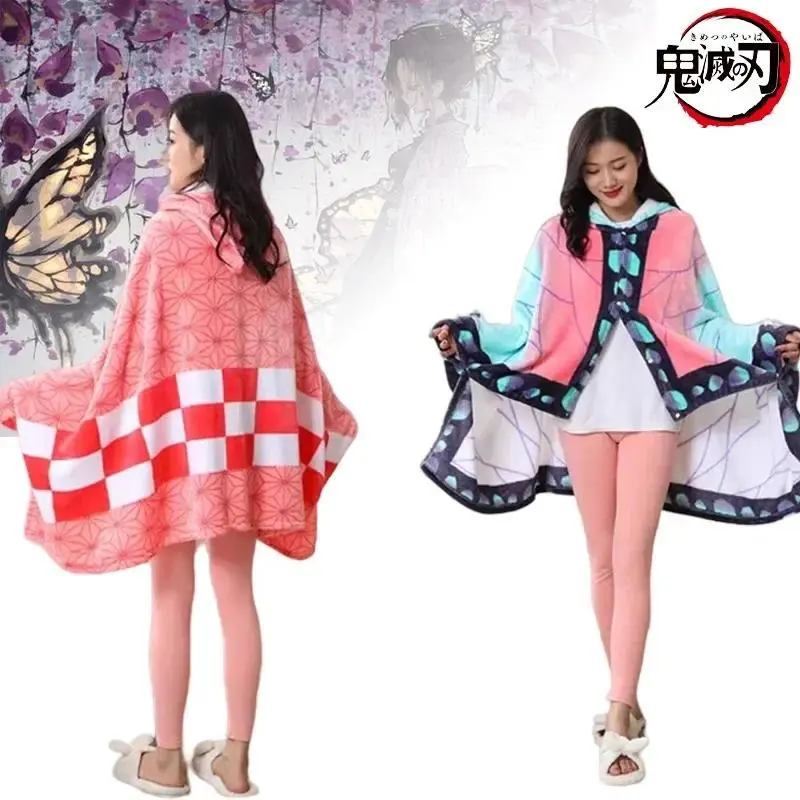 Demon Slayer Blanket Plaid Kimetsu No Yaiba Tanjirou Shinobu Pajamas Nezuko Cosplay Cloak Flannel Anime Hoodie Blanket Homewear