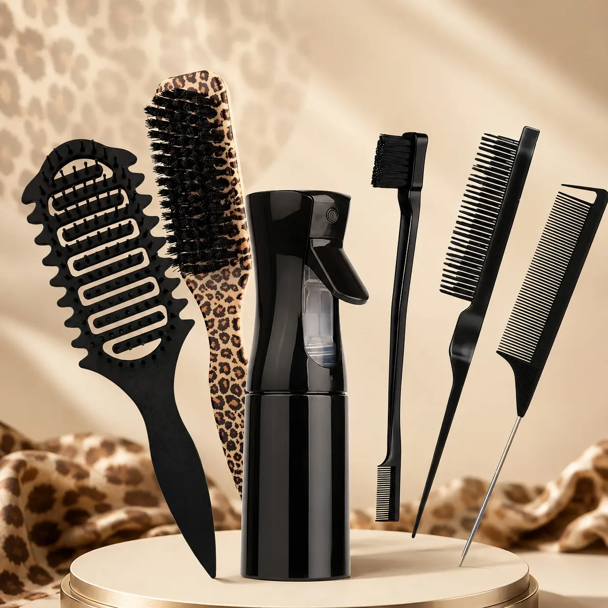 6PCS Black Leopard Hair Styling Tool Set Heatless Styling Tool with Fine Mist Spray Bottle, Vented Detangling Brush, Paddle Brush, Edge Brush, Styling Comb & Rat Tail Comb