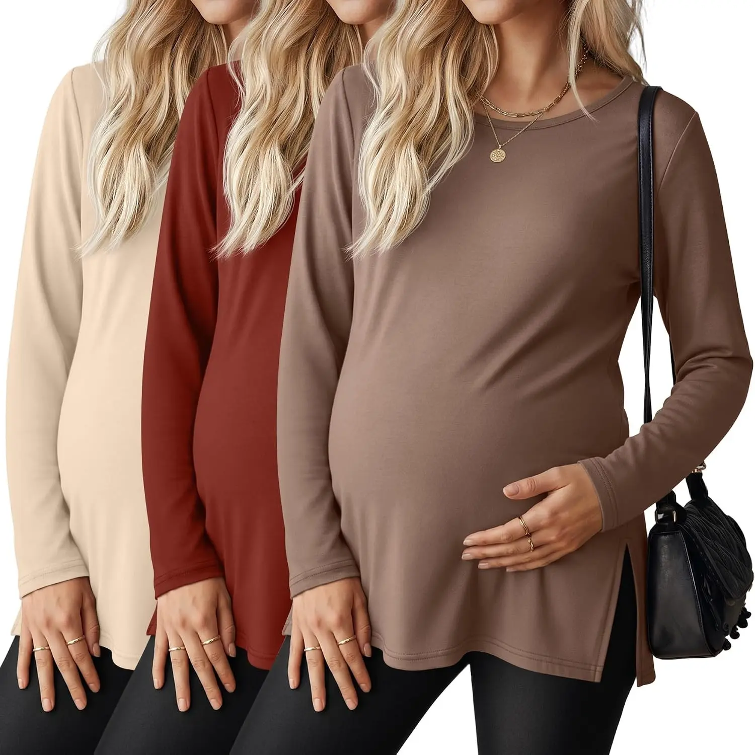 3 Pack Women Maternity Long Sleeve Shirts Round Neck Side Split Tops Loose Fit Pregnancy Mama Clothes Fall Soft Warmth Comfortable Wear Multipack Casual