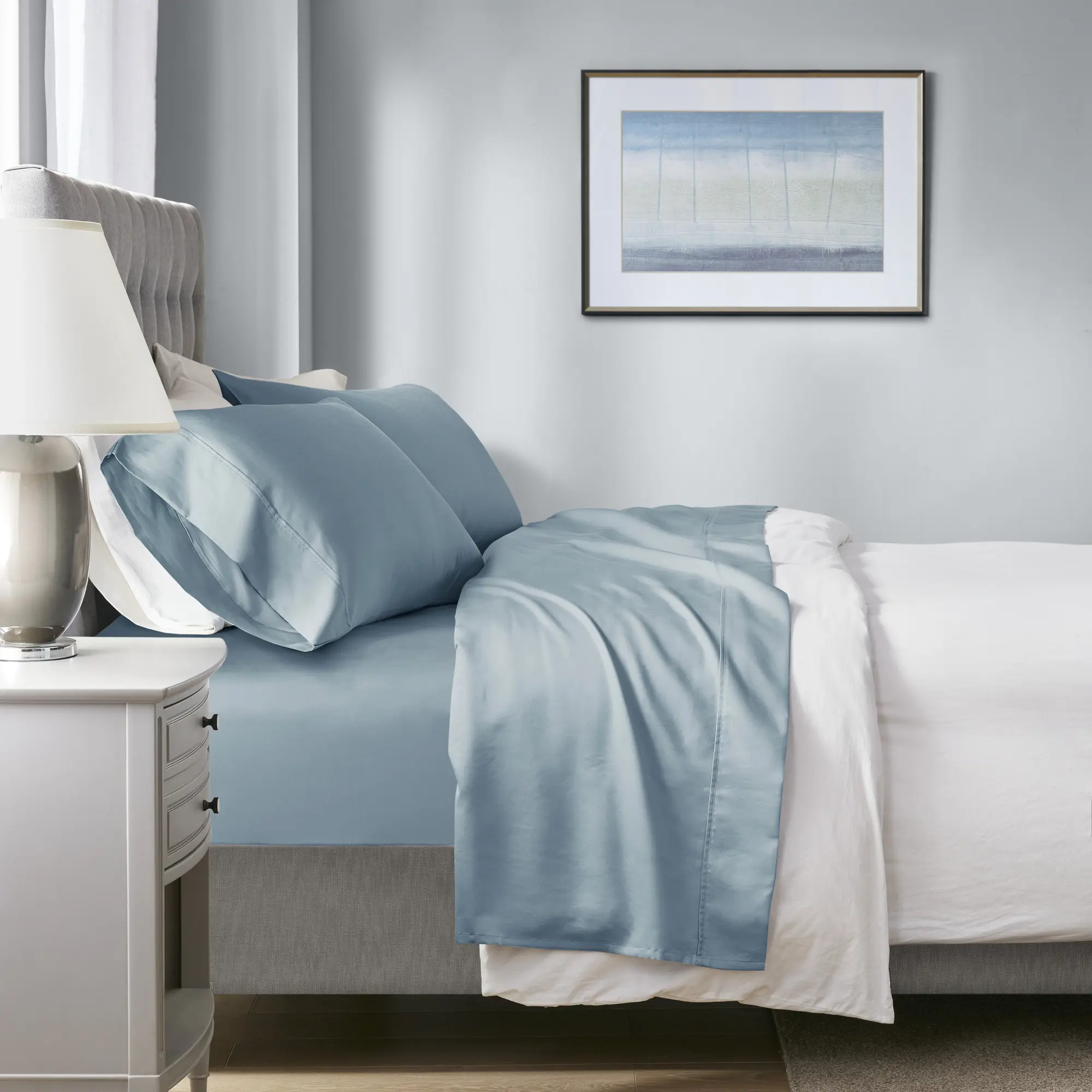 Nokaa Queen Bed Sheet Set - 4-Piece HeiQ Smart Temperature Cotton Blend, Blue, Cooling/Warmth Bedding, Soft Breathable Deep Pockets, Fits 16 in Mattress, Master Room All-Season Comfort Smart Bedding